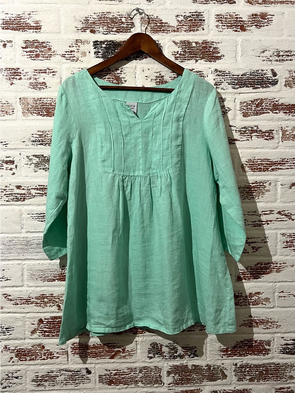 Match Point Linen Blouse Top Mint Green Pintuck 3/4 Sleeve Pleated Sz M